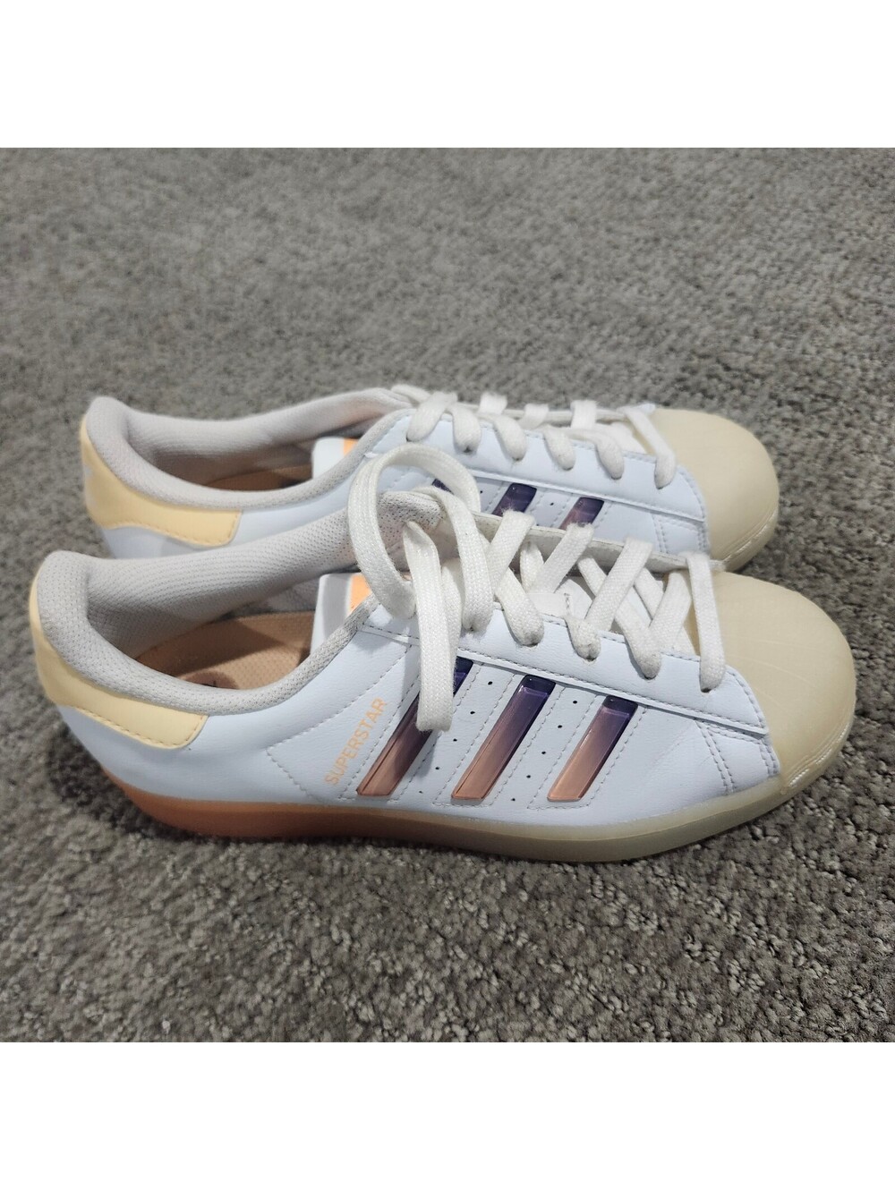 Adidas Superstar White Sneakers with Gradient Stripes and Gum Sole Size 6
